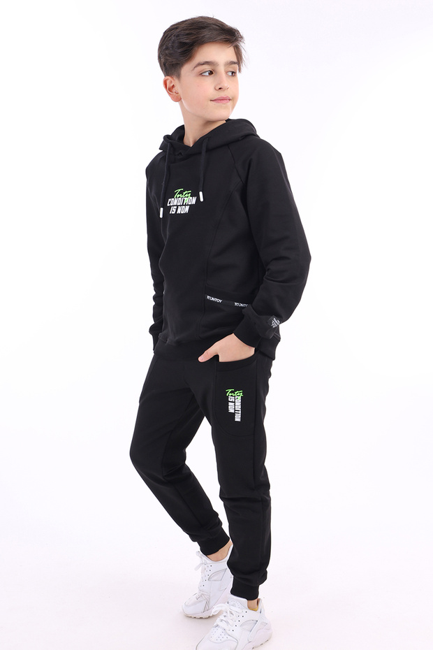 Boy's 2-Piece Set Printed Hooded Pocket Raglan Sleeve Asymmetrical Sweatshirt & Waistband