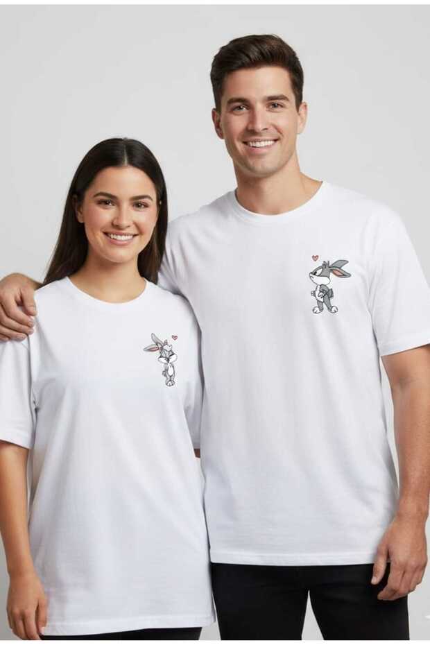 Unisex Lover Couple Combination Valentine's Day Gift Bugs Bunny Printed Oversize White T-Shirt