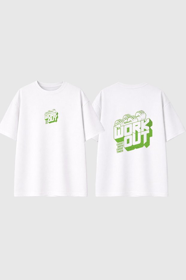 Work Out Design Printed White Oversize T-Shirt