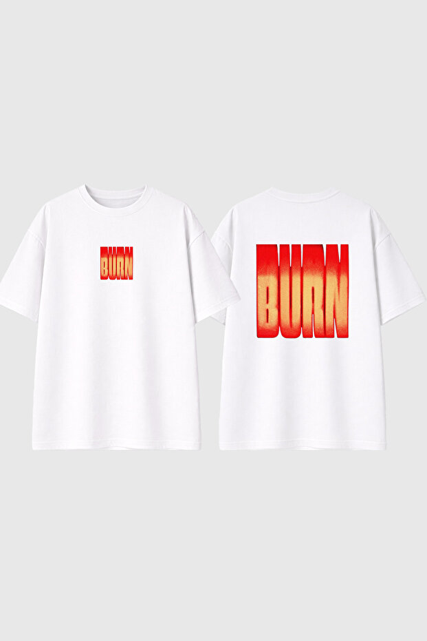 Burn Design Printed White Oversize T-Shirt