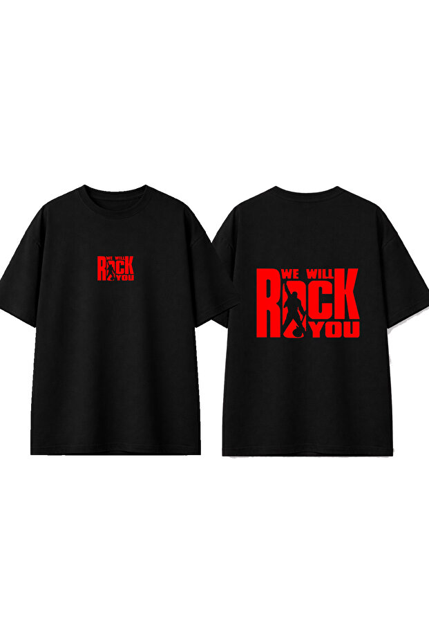 Rock You Design Printed Black Oversize T-Shirt
