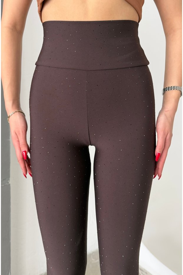 Women's Brown Color Shiny Stone Detailed High Waist Gathering Heeled Flat Füzo Tights