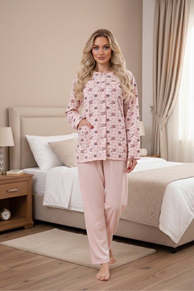 Women's Powder Floral Patterned Full Buttoned Long Sleeve Relaxed Cut Cotton Plus Size Pajama Set