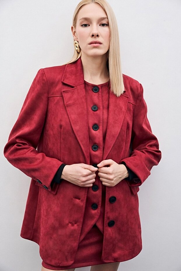 جاكيت من جلد الغزال بأزرار - أحمر كلاريت - 4