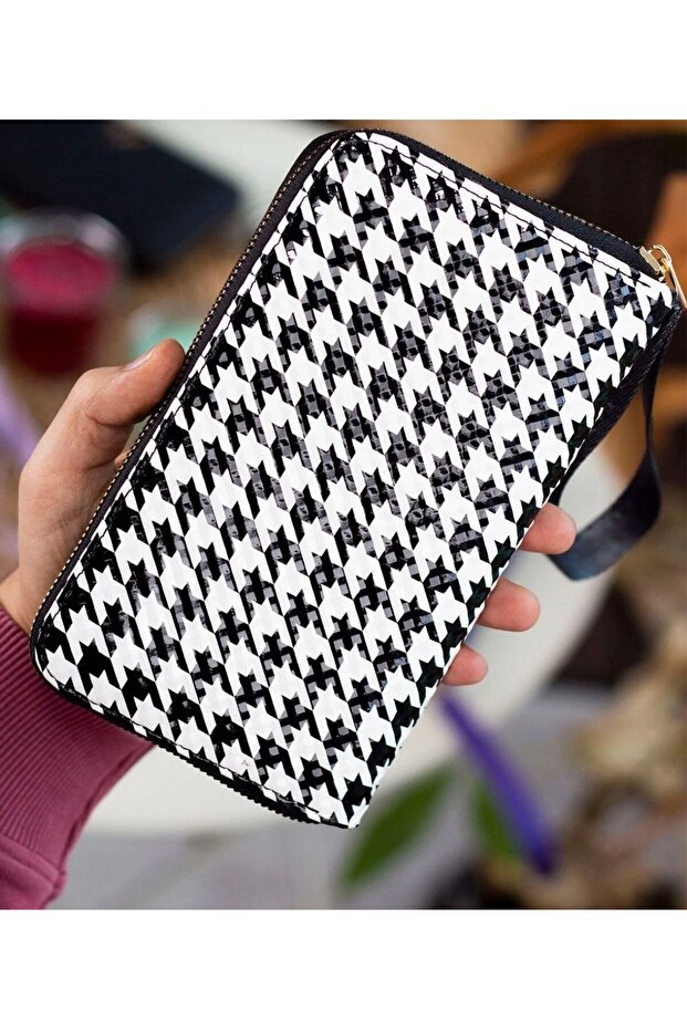 Ele Takmalı Wicker Weave Pattern Black Portfolio Wallet with Plenty of Card Holders