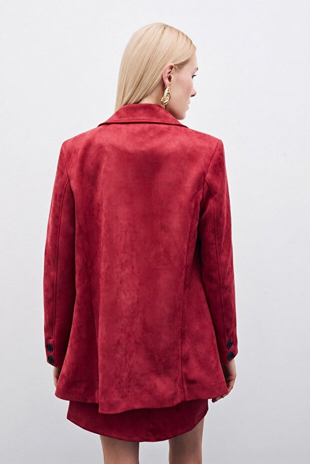 جاكيت من جلد الغزال بأزرار - أحمر كلاريت - 5