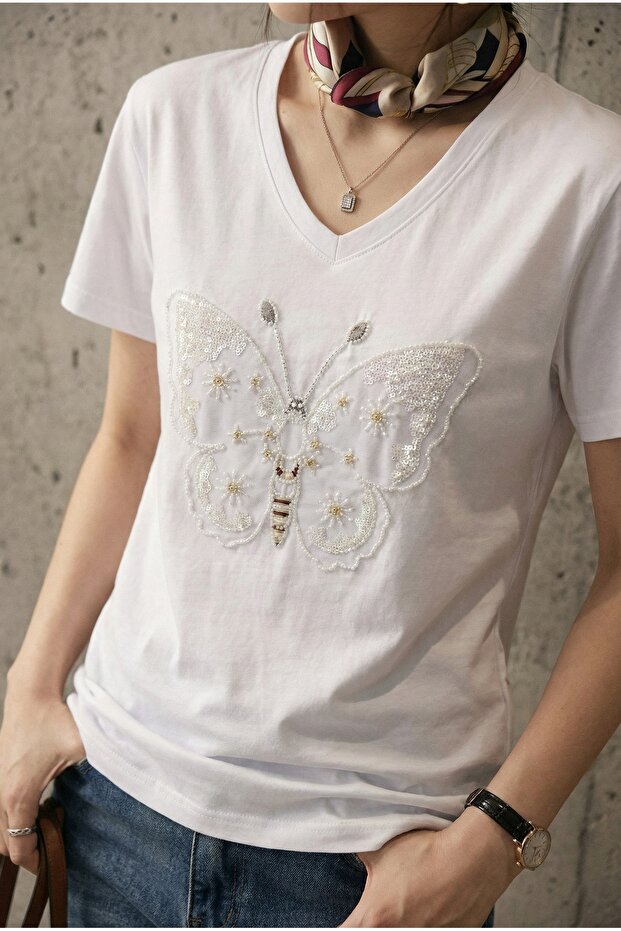 White V-Neck Butterfly Pattern 100% Cotton Bead and Sequin Embroidered T-Shirt