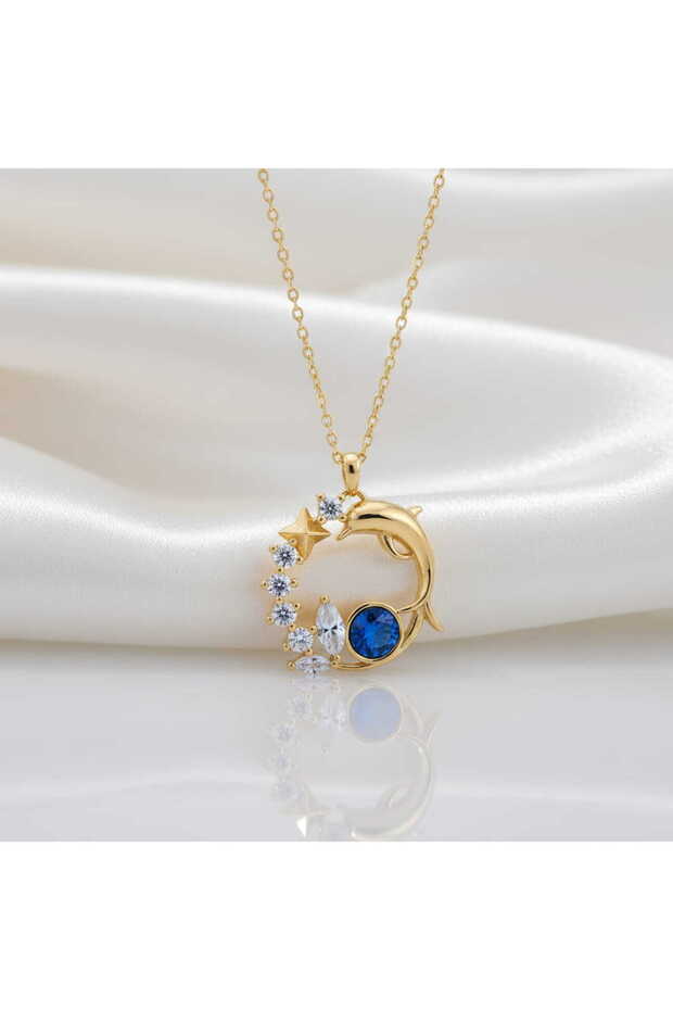 Blue Stone Dolphin Star Gold Necklace – Steel Design with Zircon Stones