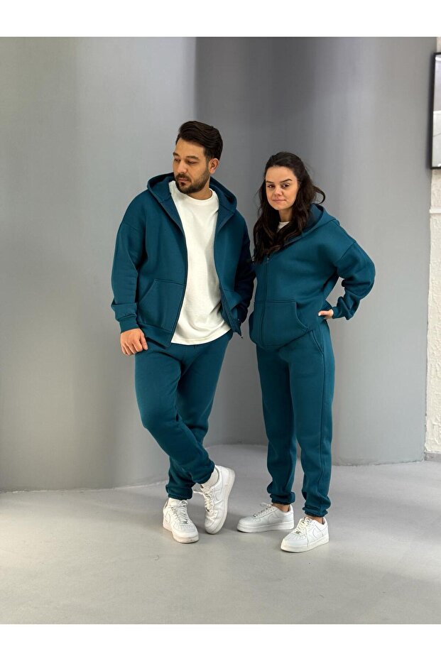 Couple's Combination 3 Threaded Hooded Zippered Petrol Sweatshirt-Sweatpants Set of 4