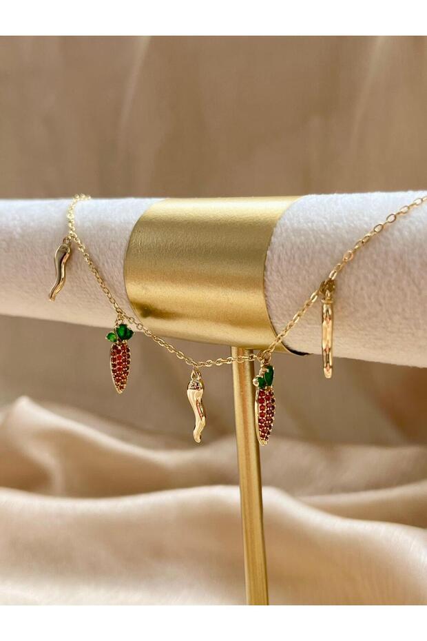 Gold Bracelet with Pepper & Carrot Figures and Zircon Stones | Stylish Looking Dangle Steel Chain Bracelet