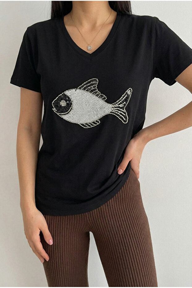 Black V-Neck Fish Pattern 100% Cotton Bead and Sequin Embroidered T-Shirt