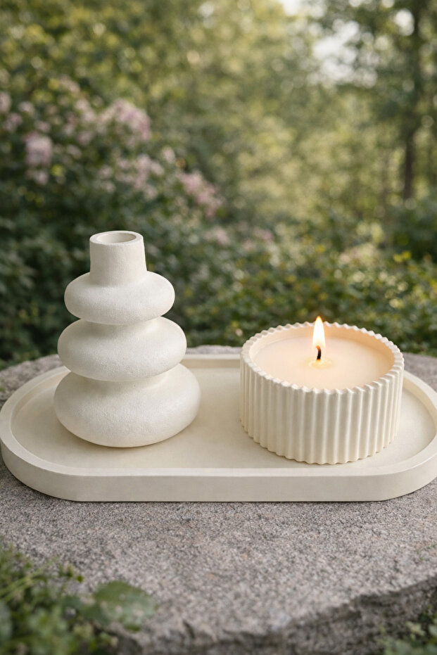 Handmade Stone Powder Decorative Tray Set | Single Candle Holder and Vase