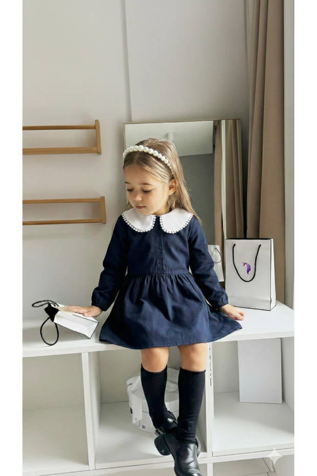 Girl's Navy Blue Baby Collar Buttoned Dress