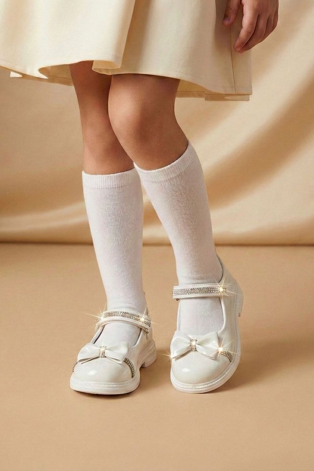 Girl's White Stone Bowknot Ballerina Flats – Velcro Special Occasion & Holiday Shoes (Size 20-30)