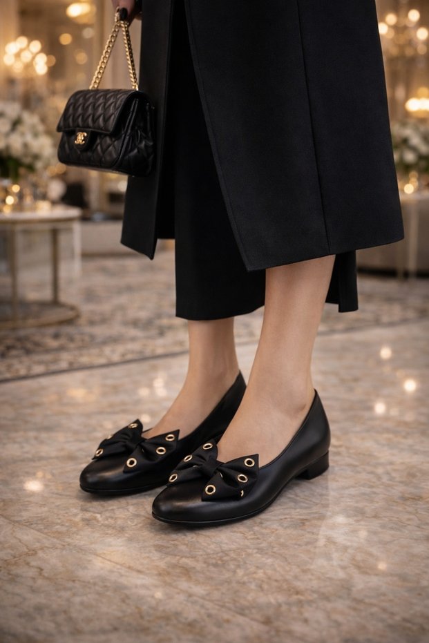 🔥 Modern Elegance: Women's Ballerina Shoes with Metal Detail and Bow (Black, Brown, Cream)