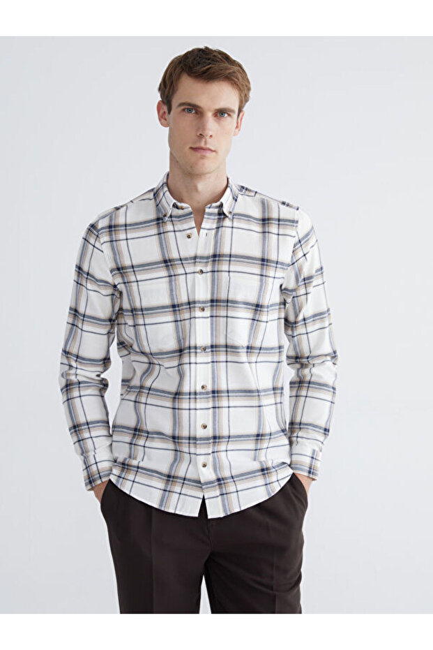 Esvab • Modern & Distinctive Standard Fit Long Sleeve Checkered Embroidered Gabardine Men's Shirt