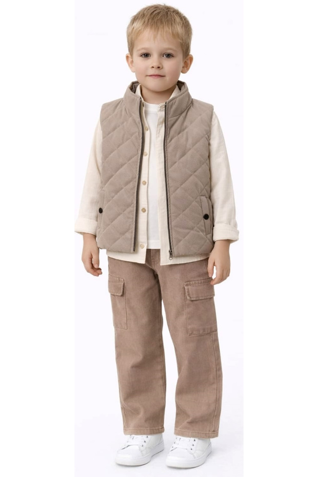Boy's Muslin Fabric Shirt, Inflatable Vest, Gabardine Trousers, Sweatshirt, Eid Four-Piece Set