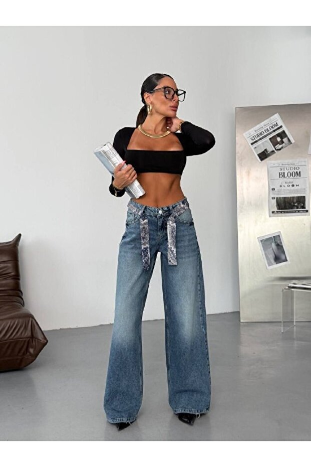 TREND SPECIAL DESIGN ACCESSORY BELTED WIDE LEG DENIM COMFORT FIT JEAN TROUSERS 40226