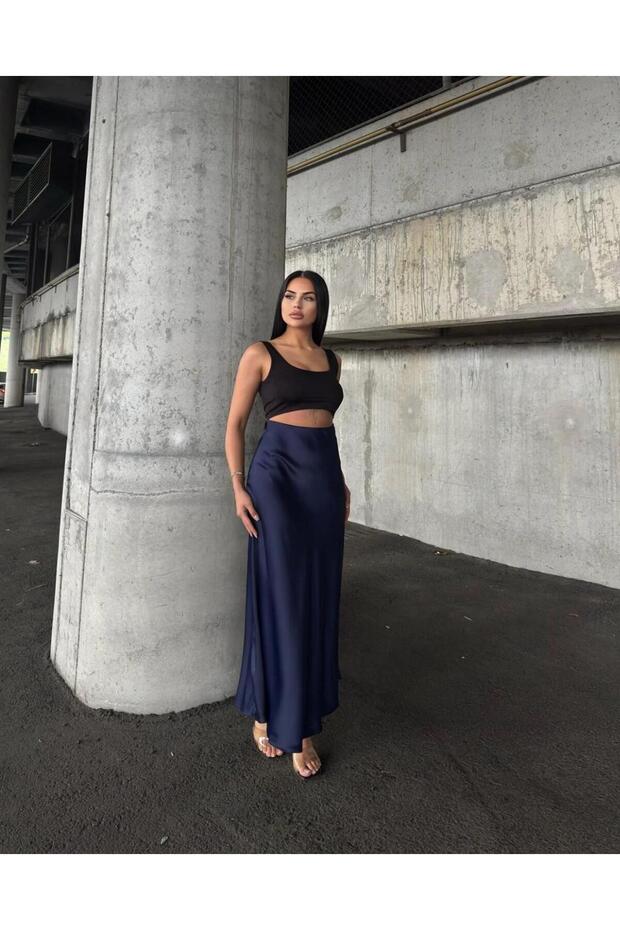 Stylish Shiny Satin Belt with Elastic Waist, 94 cm Flared Maxi Skirt