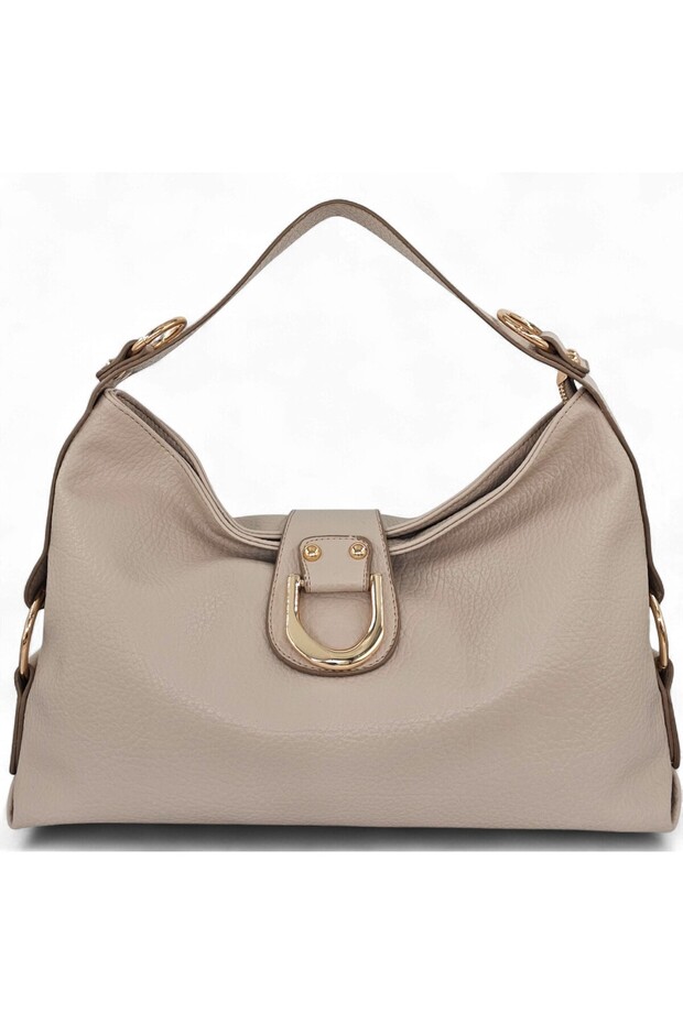 Cream Casual Soft Textured Women's Hand and Shoulder Bag with Lock Detail and Long Strap