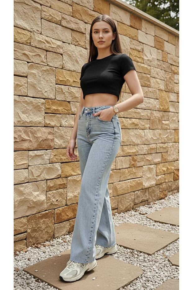 Mery Kar Mavi Wide Leg Cut-Leg Lycra-Free Palazzo Jeans Palazzo Trousers