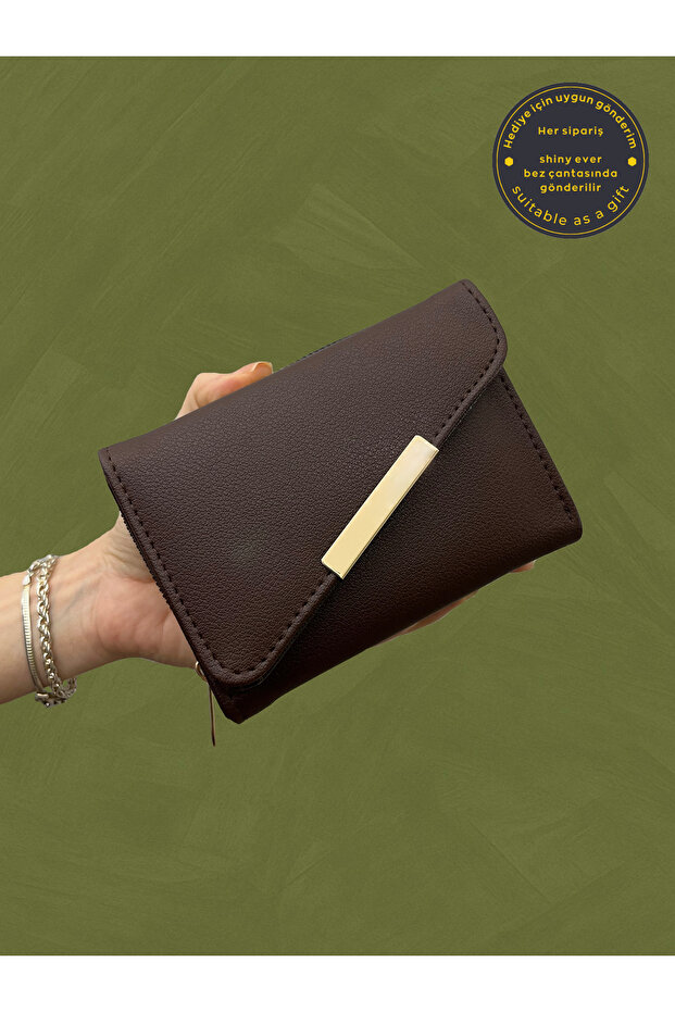 Cross-Covered Bitter Brown Leather Women's Wallet with Gold Detail