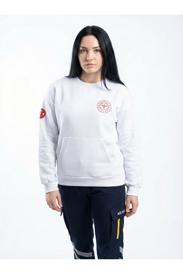 112 Emergency Health Sweatshirt Three Threaded Kangaroo Pocket White Unisex