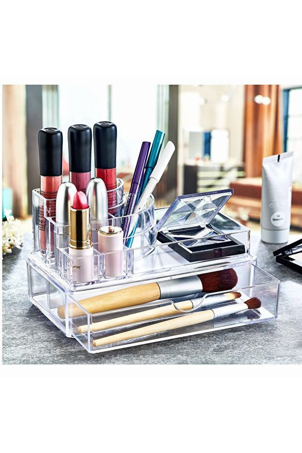 9 compartments drawers podium cosmetic product organizer, podium shape acrylic makeup organiz…