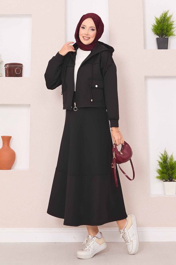 Zippered Hooded Crop Skirt Hijab Set Black
