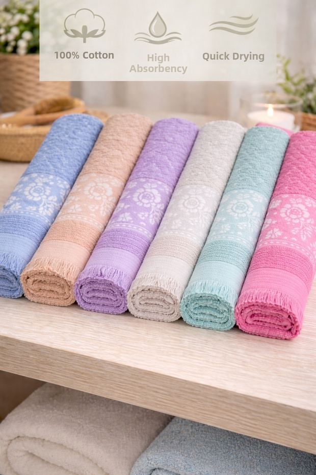 100% Cotton 6-Piece Hand and Face Towel Set, High Absorbency, Quick Drying, Soft Texture