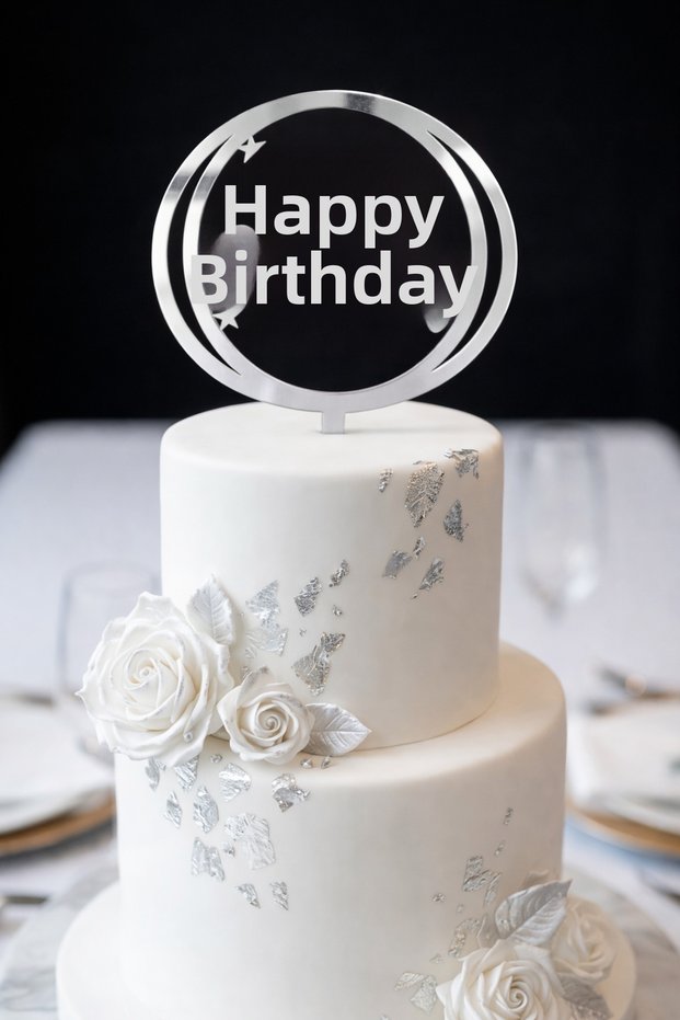 Silver plexi happy birthday written cake decoration - birthday, party, celebration cake topper 5-piece set