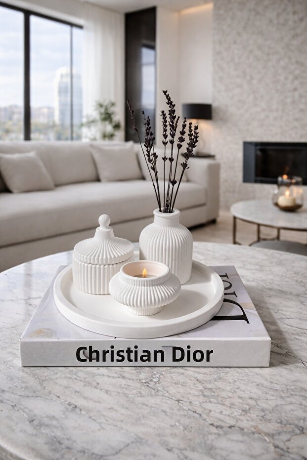 Decorative 4-Piece Vase Set, Tray, Tealight Candle Holder, Striped Flower Vase, Lidded Box Set