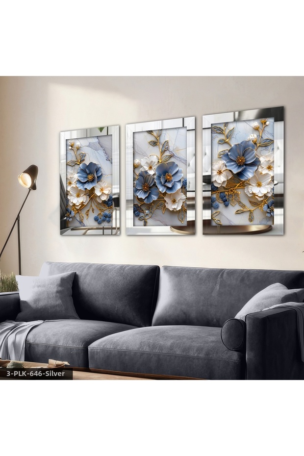 Blue White Flowers Gold Leaf Detailed 3 Piece Silver Plexiglass Mirrored Framed Painting