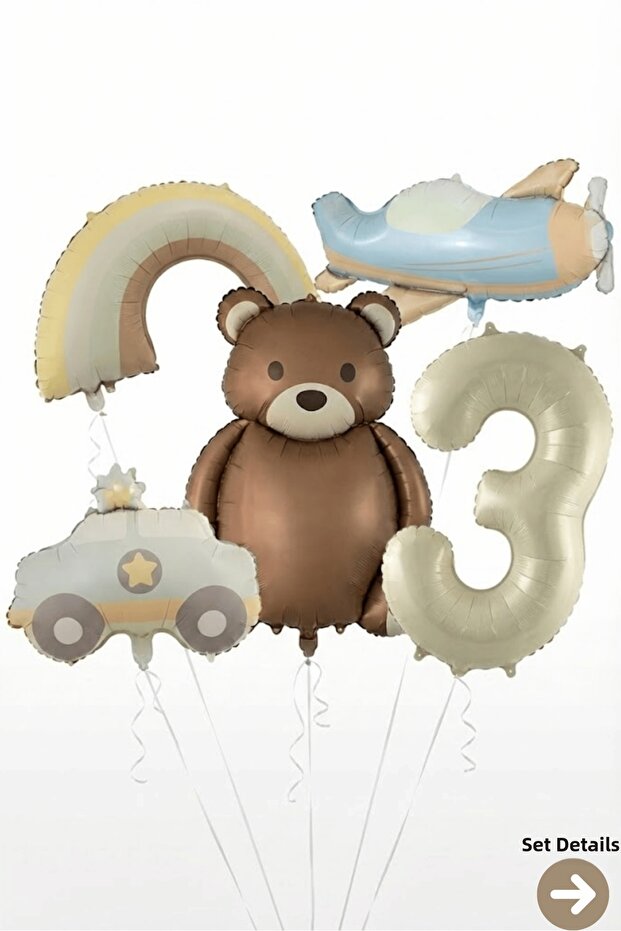 3 Year Old Teddy Bear Airplane Rainbow Themed Foil Balloon Set Ornament Decoration