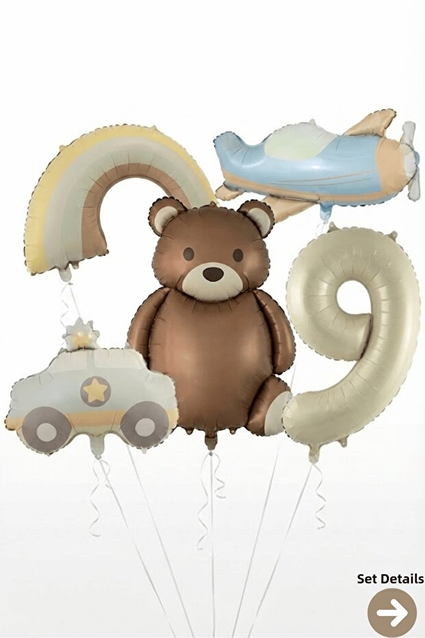 9 Year Old Teddy Bear Airplane Rainbow Themed Foil Balloon Set Ornament Decoration