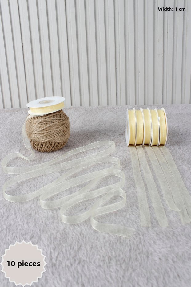 10 Pieces of Cream Organza Tulle Ribbon 1 cm 22 Meters - Bundle, Wedding, Engagement, Dowry, Gift, Decoration, Party