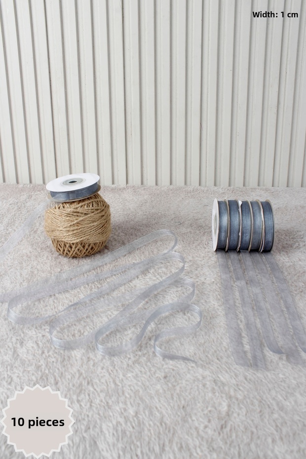 10 Pieces of Gray Organza Tulle Ribbon 1 cm 22 Meters - Bundle, Wedding, Engagement, Dowry, Gift, Decoration, Party