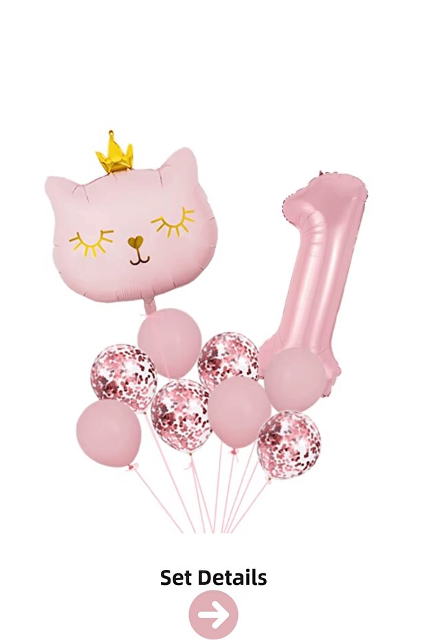 1 Year Old Retro Pink Cat Confetti Themed Balloon Set Decoration