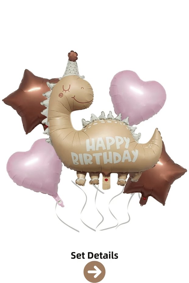 Retro Brown Dinosaur Pink Heart Star Foil Balloon Set Birthday Party Decoration