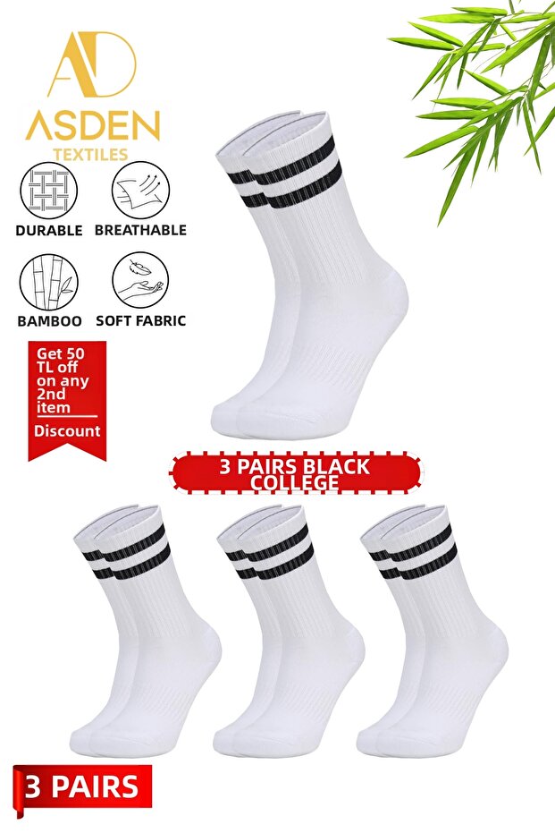 Unisex Bamboo College Tennis Socks Premium, Black Striped 3-Pack