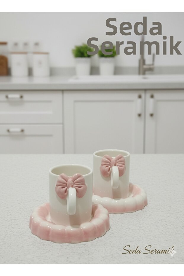 Handmade Pink Bow Design 4-Piece Coffee Cup Set for 2 People 90 Ml.