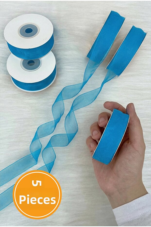 5 Pieces of Organza Tulle Ribbon Circumcision Blue 2 cm 22 Mt, Bundle, Dowry, Gift, Packaging, Decoration, Wedding