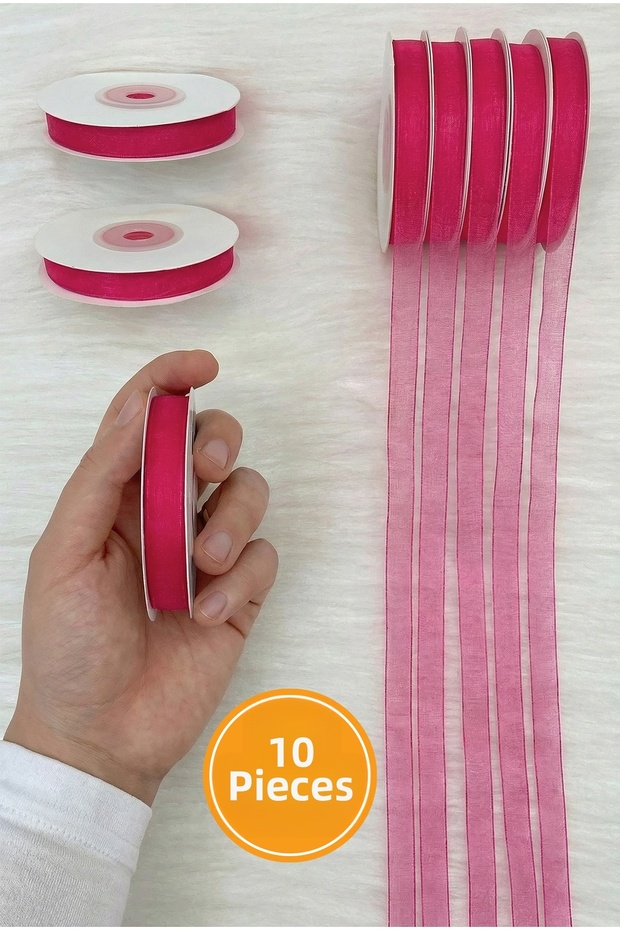 10 Pieces of Organza Tulle Ribbon Fuchsia 1 cm 22 Mt, Bundle, Engagement, Dowry, Gift, Packaging, Decoration, Wedding