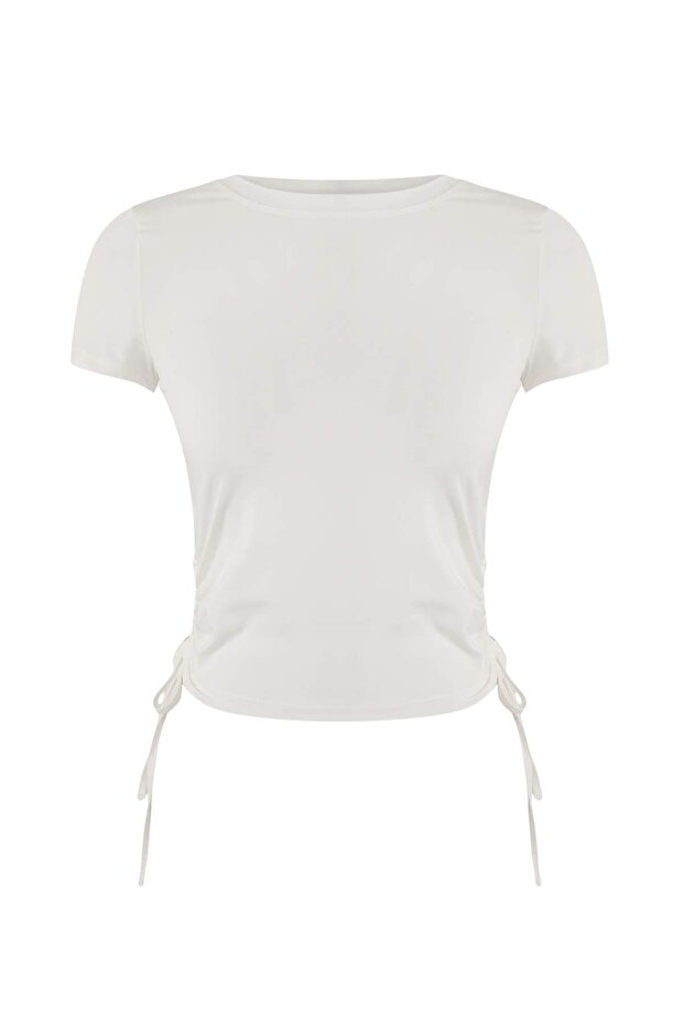 Ekru Büzgülü Bağlama Detaylı Micro Kumaş Örme Spor T-Shirt THMSS26TS00003 - 6