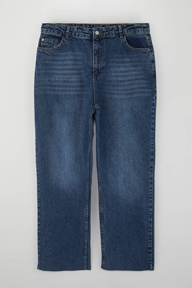 Mavi Paçası Kesikli Yüksek Bel %100 Pamuk Non-Stretch Straight Fit Jeans TBBAW26CJ00039 - 3