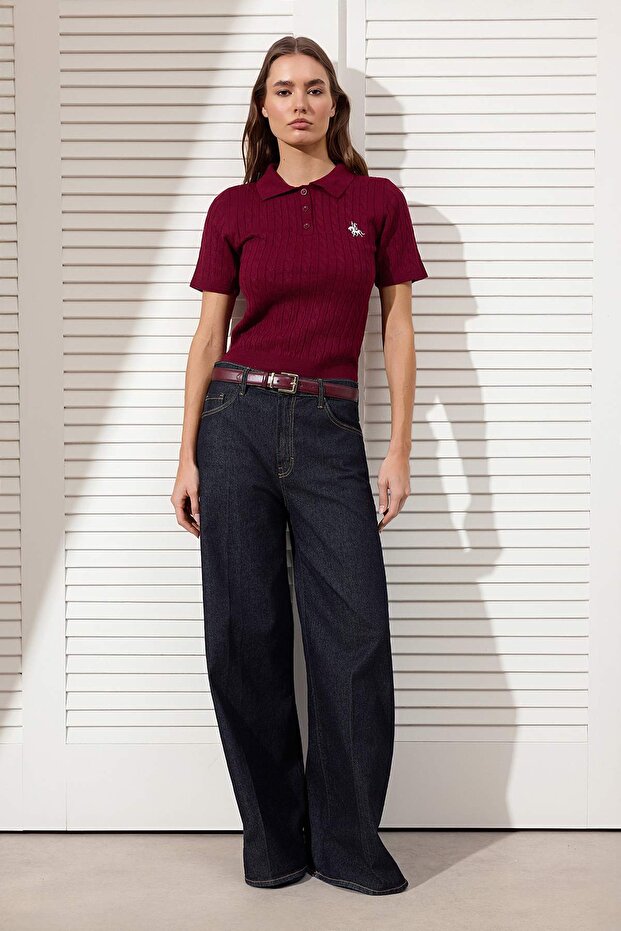 Bordo At Nakışlı Polo Yaka Saç Örgü Triko Bluz TWOSS26BZ00163 - 2