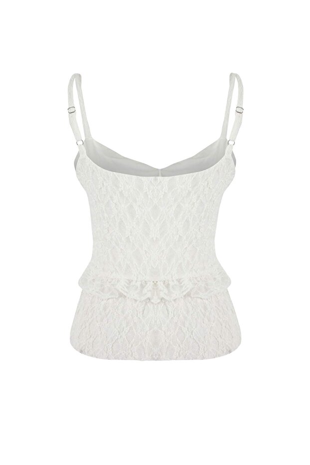 Teen Ekru Fitted/Vücuda Oturan V Yaka Kolsuz Volanlı/Fırfırlı Dantel Örme Bluz TWOSS26BZ00032 - 7