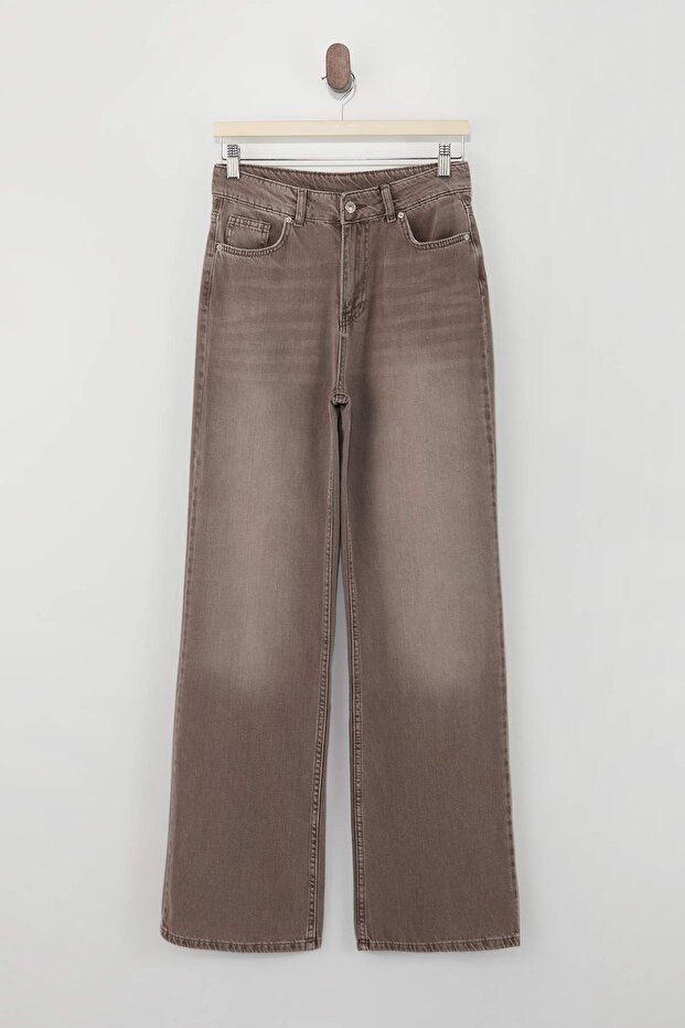 Açık Kahverengi DÖKÜMLÜ Vintage Yıkama Yüksek Bel %100 Pamuk Wide Leg Jeans TWOSS26JE00172 - 5