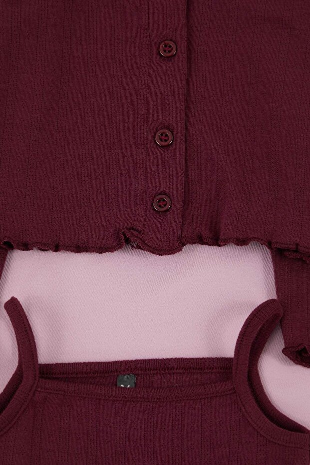 Bordo 3'lü Kız Çocuk Örme Poitel Kumaş Alt-Üst Takımı TKDSS26AU00024 - 4