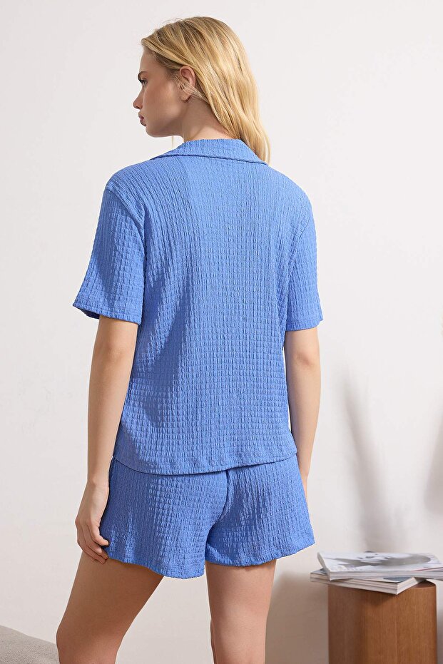 Mavi Bürümcük Şortlu Örme Pijama Takımı THMSS25PT00017 - 4